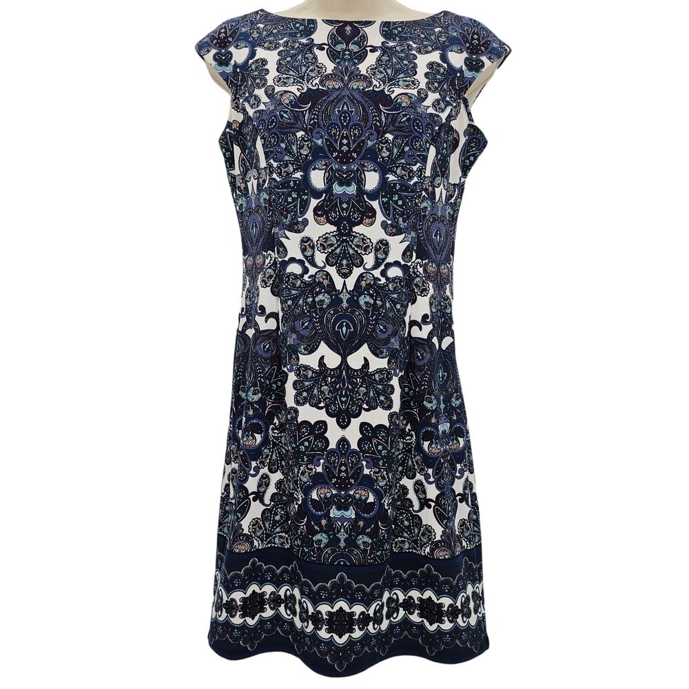 London times Womans size 4 Petite Paisley Ponte Knit Cap Sleeve Mini Dress Blue